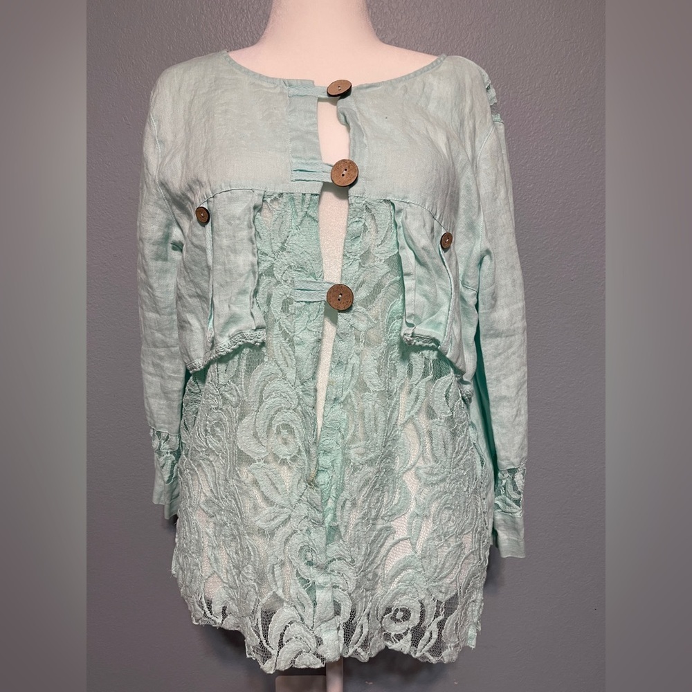Ali Miles Teal Boho Tunic Top Lace Faux Pockets Lagenlook Resort Boho Large